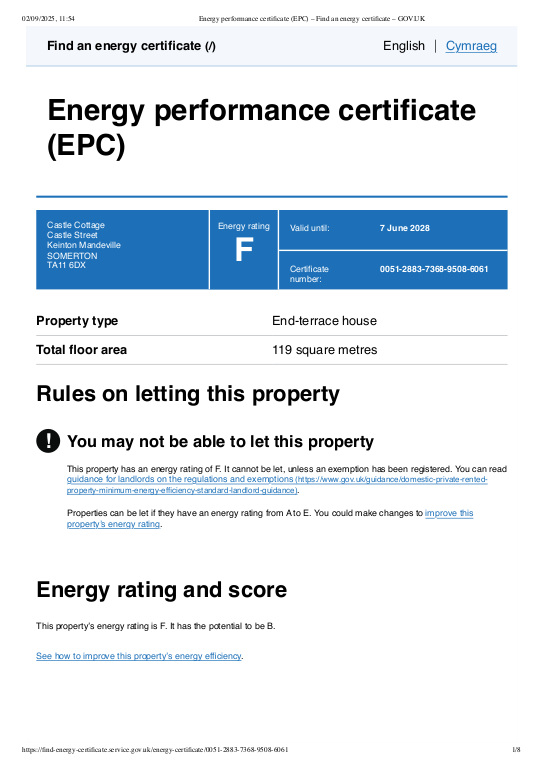 Energy Performance Certificate for Castle Cottage, Castle Street, Somerton
