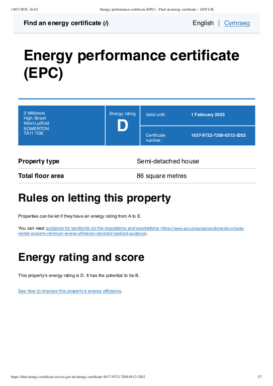 Energy Performance Certificate for High Street, West Lydford